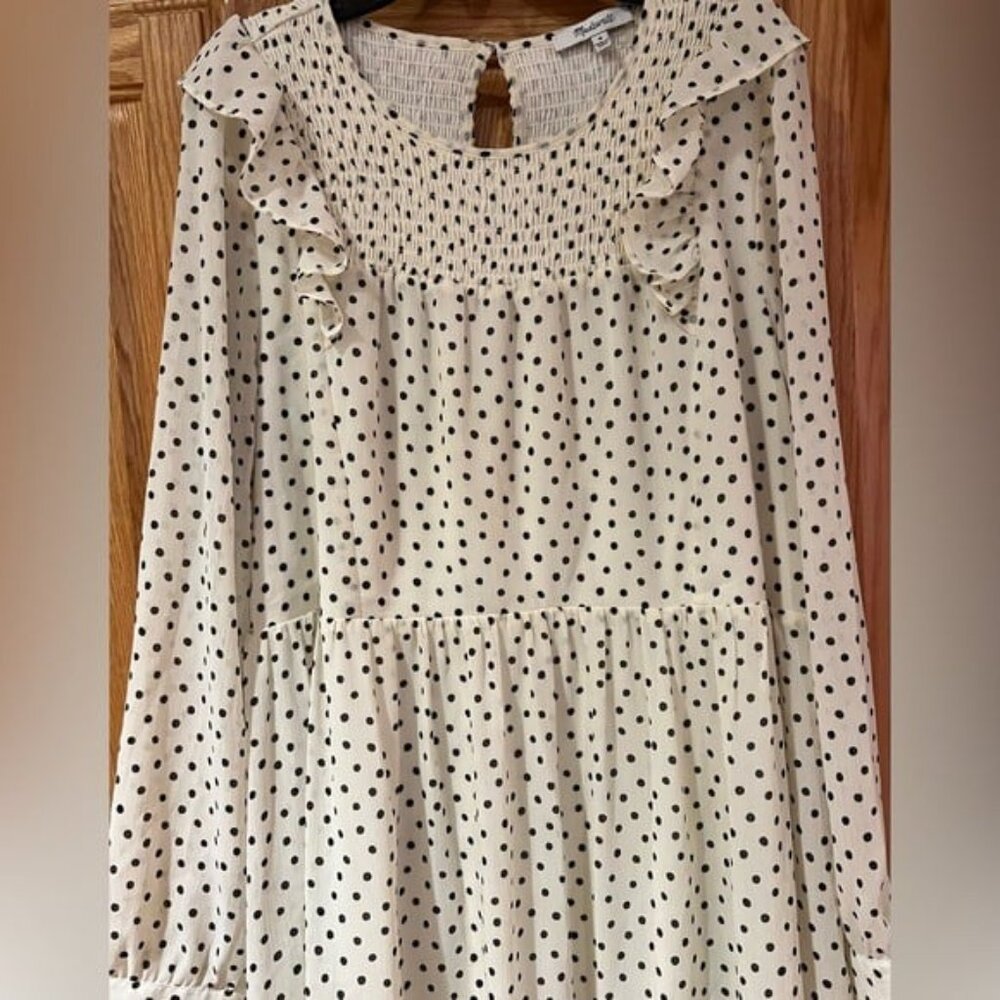 Madewell Smocked Ruffle-Shoulder Crinkled Georgette Midi Dress in Inkbrush Dots - Picture 8 of 12